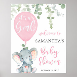 Olifanten roze ballon meisje baby shower welkom poster
