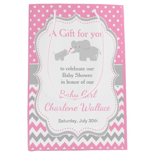 Olifanten Roze en Grijs Baby shower Bedankt Medium Cadeauzakje (Voorkant)