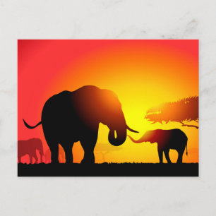 Olifanten voor moeder en kind bij zonsondergang briefkaart
