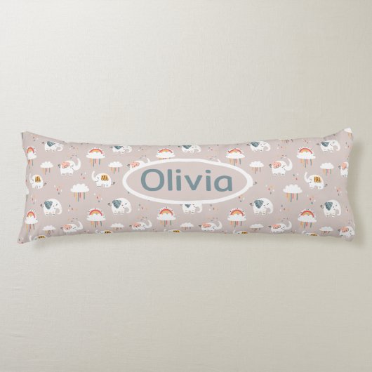 Olifanten, Wolken en Regenbogen met Naam Lichaamskussen (Voorkant)