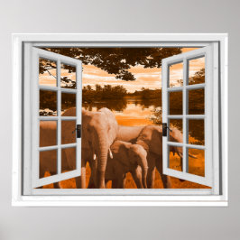 Olifanten Zonsondergang Gezicht Trompe l'oeil Nepr Poster