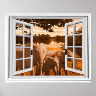 Olifanten Zonsondergang Gezicht Trompe l'oeil Nepr Poster