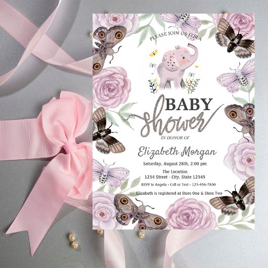 Olifantenbloemen Vlinders Roze Baby shower Kaart