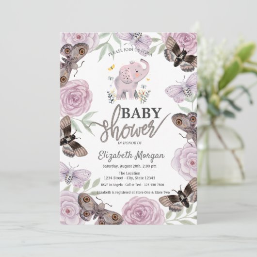 Olifantenbloemen Vlinders Roze Baby shower Kaart (Staand voorkant)