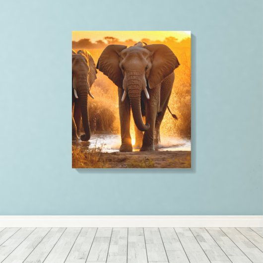 Olifantenkudde bij drinkplaats canvas afdruk (Insitu (Houten vloer))
