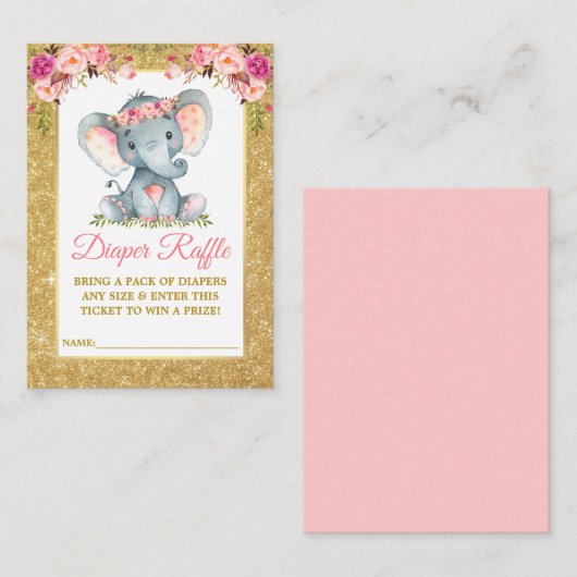 Olifantenluier Raffle Douche Roze Bloemen Glitter Informatiekaartje (Voorkant / Achterkant)