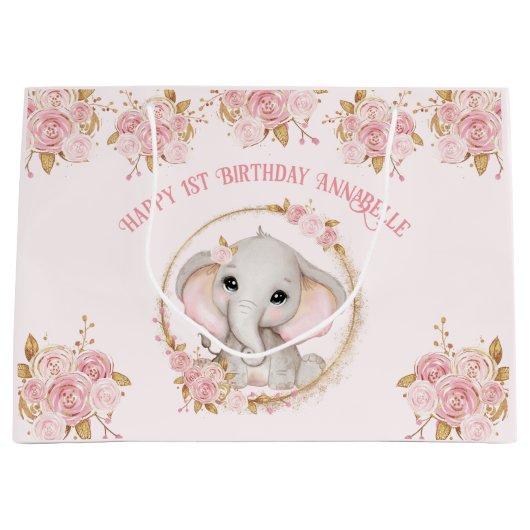 Olifantenmeisje Roze 1e verjaardag Grote geschenkt Groot Cadeauzakje (Voorkant)