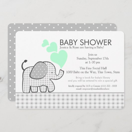 Olifantenneutrale Munt en Grijze Gingham Baby show Kaart (Voorkant / Achterkant)