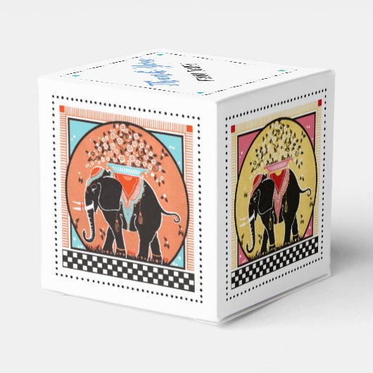 Olifantenparade in Sinaasappel, geel, blauw en roz Bedankdoosjes (Achterkant)