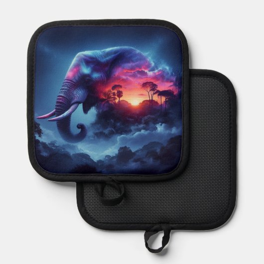 Olifantensilhouet samengevoegd met levendige zonso pannenlap (Voorkant / Achterkant)