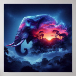 Olifantensilhouet samengevoegd met levendige zonso poster