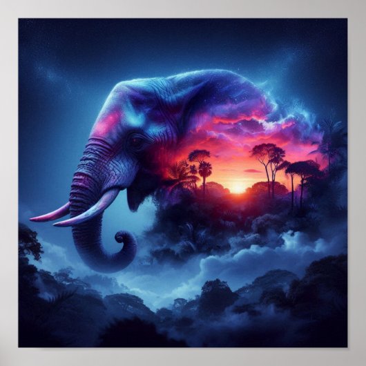 Olifantensilhouet samengevoegd met levendige zonso poster (Voorkant)