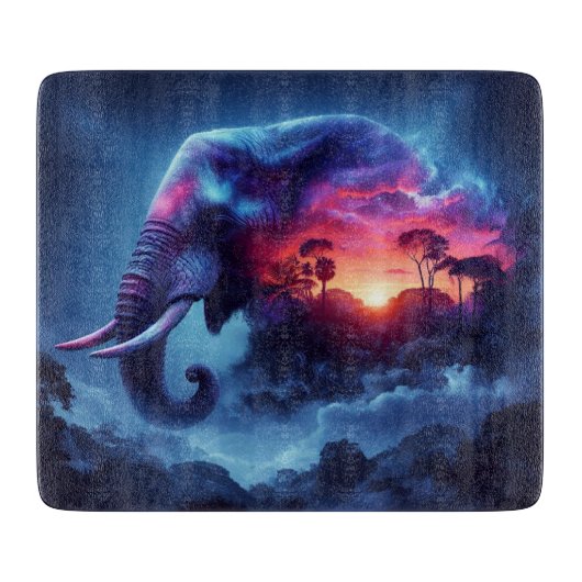 Olifantensilhouet versmolten met levendige zonsond snijplank (Voorkant)