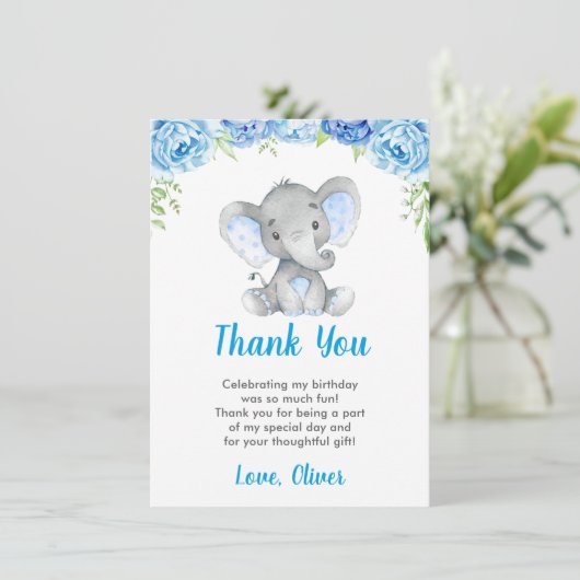 Olifantje Boy Blue Verjaardagsfeestje Kleine Pinda Bedankkaart (Staand voorkant)