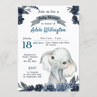 Olifantje Waterverf Bloemen Navy Blauw Baby Invi Kaart