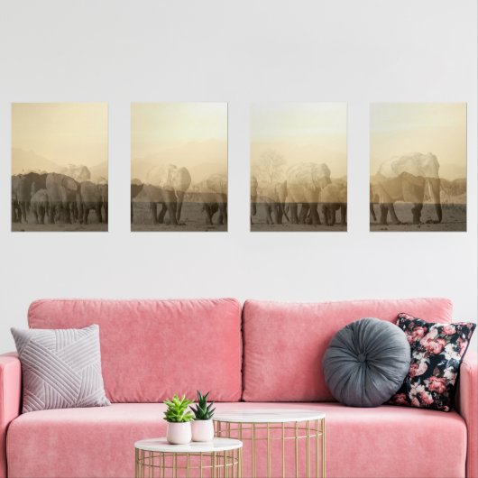 Olifantkudde bij zonsondergang print set (Woonkamer)