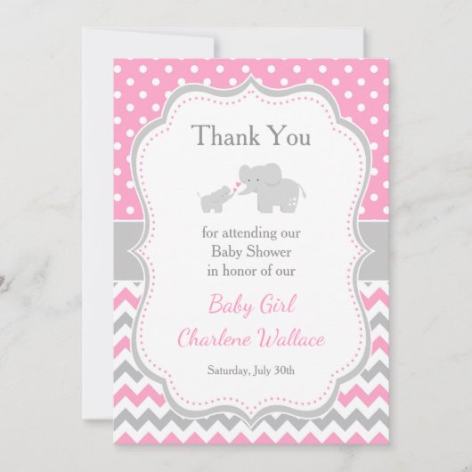 Olifantroze en grijs Baby shower Bedankkaart (Voorkant)