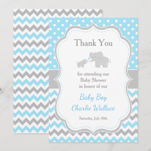 Olifantsblauw en grijs Baby shower Bedankkaart (Voorkant / Achterkant)