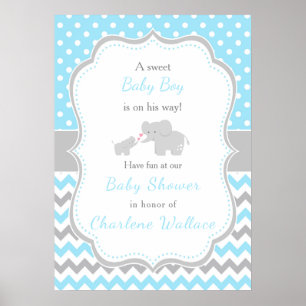 Olifantsblauw en grijs Baby shower Poster