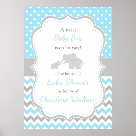Olifantsblauw en grijs Baby shower Poster (Voorkant)