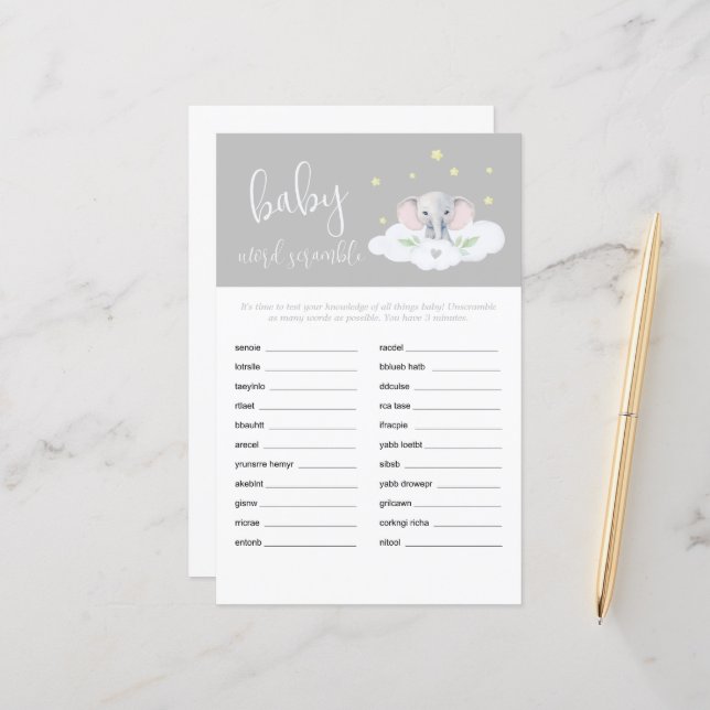 Olifantsdouche Baby Word Scramble Spel Grijs (Voorkant / Achterkant in situ)