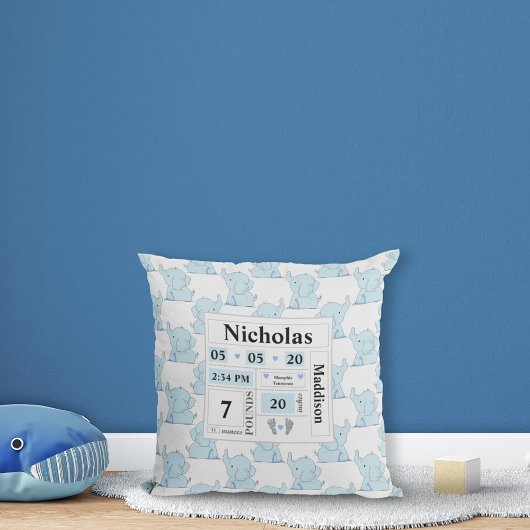 Olifantspatroon Geboorte Aankondiging Stats Blauw Kussen