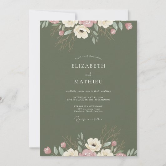 Olijf Blush Ranunculus Eucalyptus Bruiloft Kaart (Voorkant)