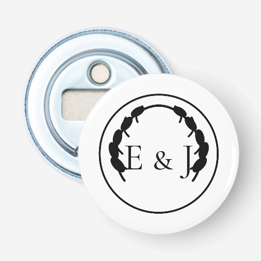 Olijf Botanisch Monogram Huwelijksflesopener Button Flesopener (Voorkant)