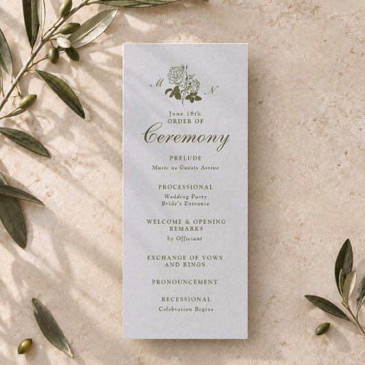 Olijf Botanisch Monogram Huwelijksprogramma Kaart