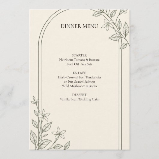 Olijf Botanische Boog Trouwdiner Menu (Voorkant)
