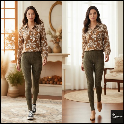 Olijf bruine glitch getextureerde geweven plaid leggings