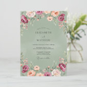 Olijf Burgundy Ranunculus Eucalyptus Bruiloft Kaart (Staand voorkant)