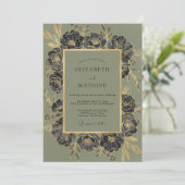 Olijf Charcoal Ranunculus Eucalyptus Bruiloft Kaart (Staand voorkant)