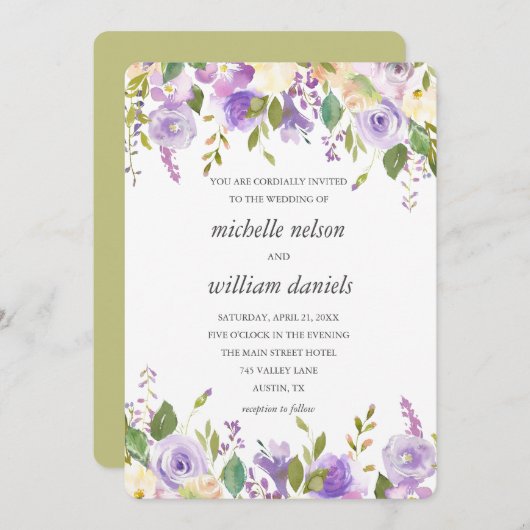 Olijf | Chic Lavender Waterverf Floral Wedding Kaart (Voorkant / Achterkant)