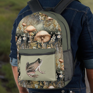 Olijf CottageCore Paddenstoelen en Kikker met Mono Bedrukte Rugzak