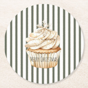 Olijf Crème Strepen Sneeuwvlok Cupcake Kerstmis Ronde Kartonnen Onderzetter