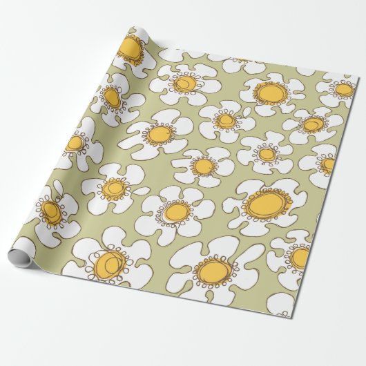 Olijf en Goud Single Line Daisies Patroon Cadeaupapier (Uitgerold)
