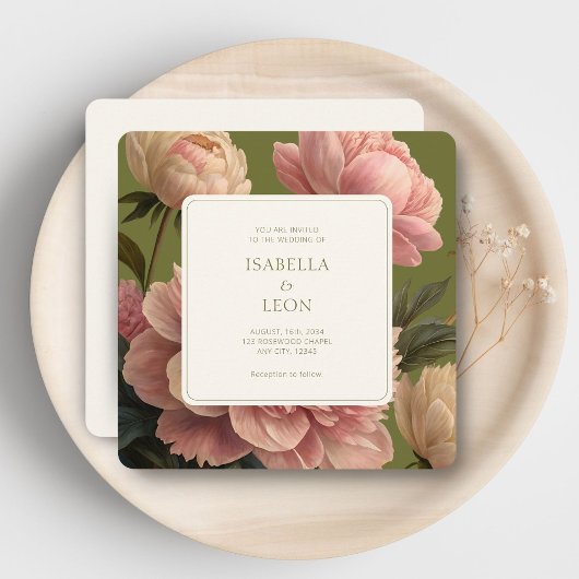 Olijf en ivoor |  Bloemen Roos bruiloft Kaart