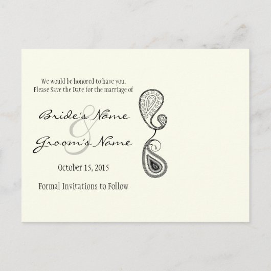 Olijf en ivoor Paisley sparen de datum van je foto Aankondigingskaart (Achterkant)