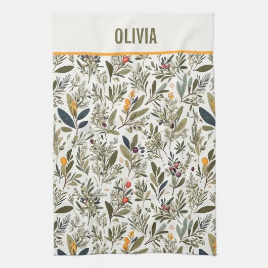 Olijf en Kruiden Minimale Elegant Gepersonaliseerd Theedoek (Verticaal)