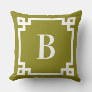 Olijf en witte Griekse sleutelrand monogram Buitenkussen