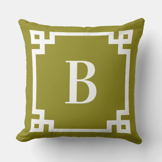 Olijf en witte Griekse sleutelrand monogram Buitenkussen (Voorkant)