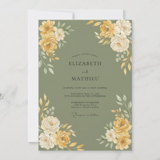 Olijf Goud Ranunculus Eucalyptus Bruiloft Kaart (Voorkant)