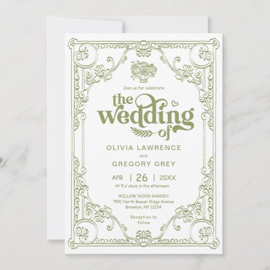  Olijf Groen Antiek bruiloft Kaart (Voorkant)