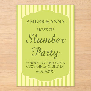 OLIJF GROENE GE PERSONALISEERDE NAAM SLUMBERPARTY ACRYL UITNODIGINGEN