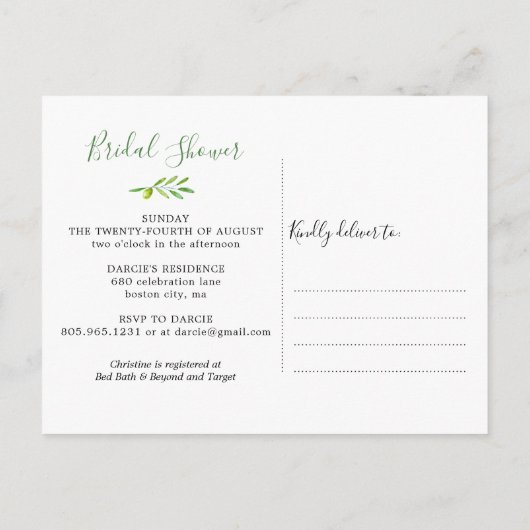 Olijf het Vrijgezellenfeest van het Manuscript van Uitnodiging Briefkaart (Achterkant)