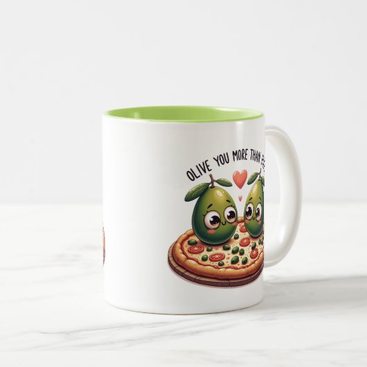 Olijf je meer dan pizza tweekleurige koffiemok (Voorkant rechts)