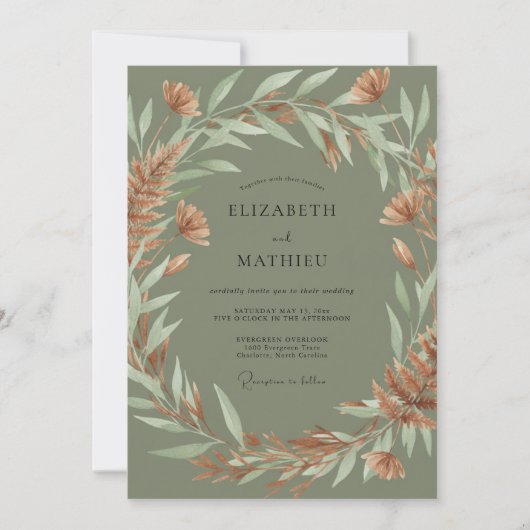Olijf Koper Loof Zachte Eucalyptus Bruiloft Kaart (Voorkant)