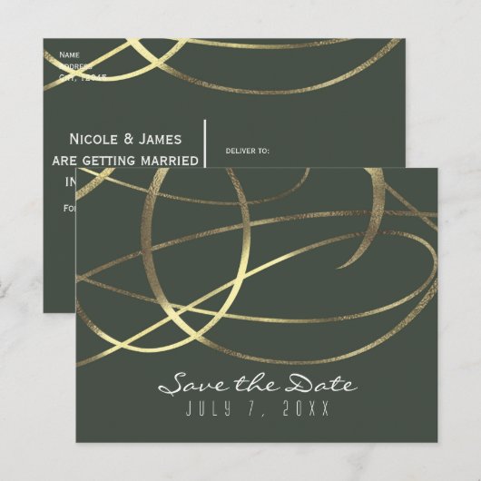 Olijf legergroen & goud namaakfolie Save the Date Aankondigingskaart (Voorkant / Achterkant)