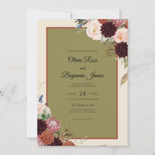 Olijf-maroon-dahlia-bruiloft Kaart